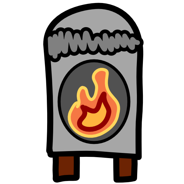 A grey rectangle with an arched top sits on two brown blocks. At the top corners before it arches is a squiggly grey line outlined in black. Inside the body of the rectangle is a circle with a flame in it. The line art in the image is dark.